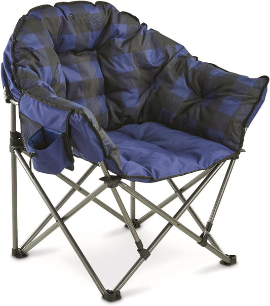 Club Camping Chair, Oversized, Portable, Folding with Padded Seats, 500-Lb. Capacity Blue Plaid