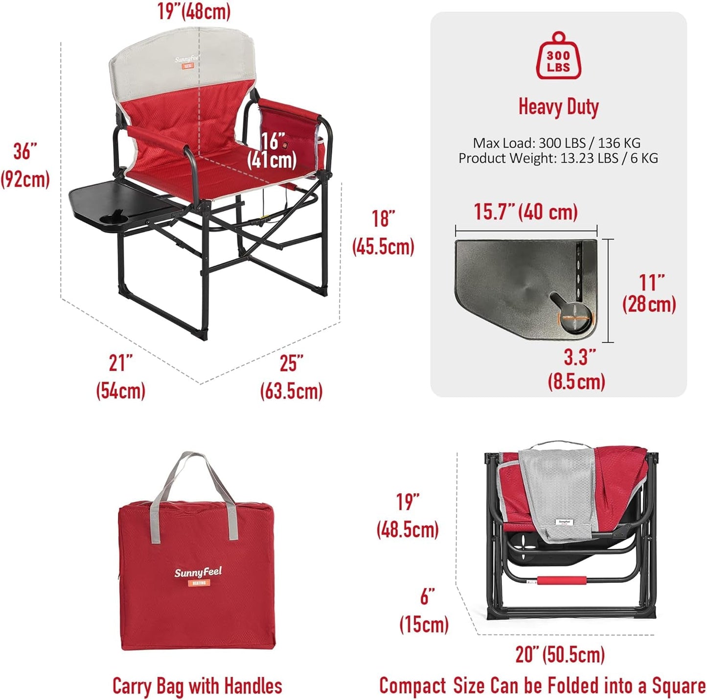 Heated Camping Directors Chair, Heavy Duty,Oversized Outdoor Portable Heating Folding Chair with Side Table, Pocket for Beach, Fishing,Trip,Picnic,Lawn,Concert Foldable Camp Chairs