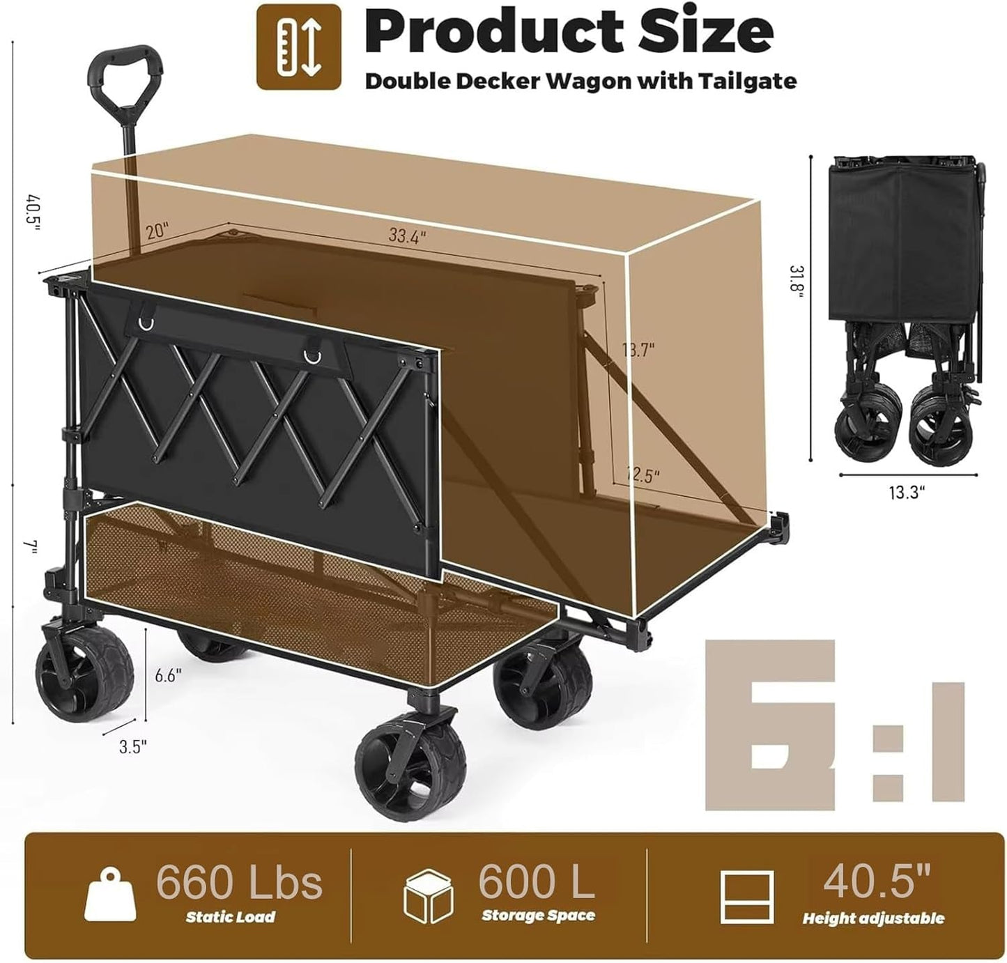 400L Heavy Duty Folding Double Decker Wagon with Table | Collapsible Utility Design, 360° All-Terrain Wheels, 600Lbs Capacity, Tailgate for Picnic & Beach, Camping Portable Outdoor
