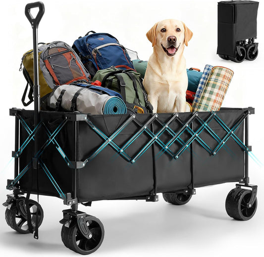 49''L Collapsible Extended Wagon with 440LBS Capacity, Heavy Duty Wagons Garden Cart with All-Terrain Big Wheels & Drink Holders, 250L Foldable Carts for Sports, Shopping, Camping, Black