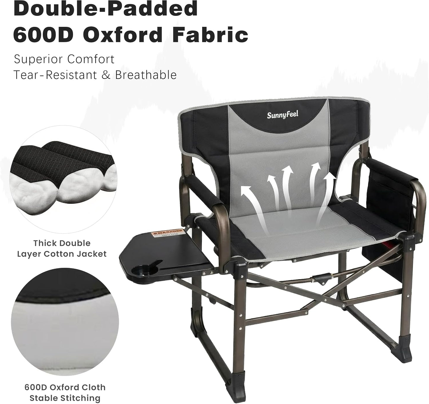 Oversized Camping Directors Chair 2 Pack Portable Foldable Camp Chair for Adults Support 600Lbs with Side Pocket and Side Table for Beach, Fishing, Trip, Picnic, Lawn, Outdoor Black