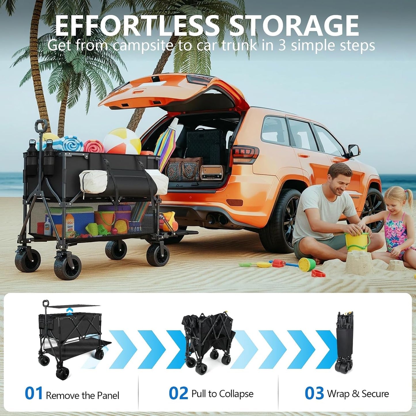 Double Decker Wagon 400L Large Capacity & 600LBS Foldable Utility Cart, 54" Extra Long Collapsible Heavy Duty Wagon with All-Terrain Big Wheels for Beach, Camping, Sports & Gardening
