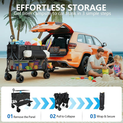 Double Decker Wagon 400L Large Capacity & 600LBS Foldable Utility Cart, 54" Extra Long Collapsible Heavy Duty Wagon with All-Terrain Big Wheels for Beach, Camping, Sports & Gardening