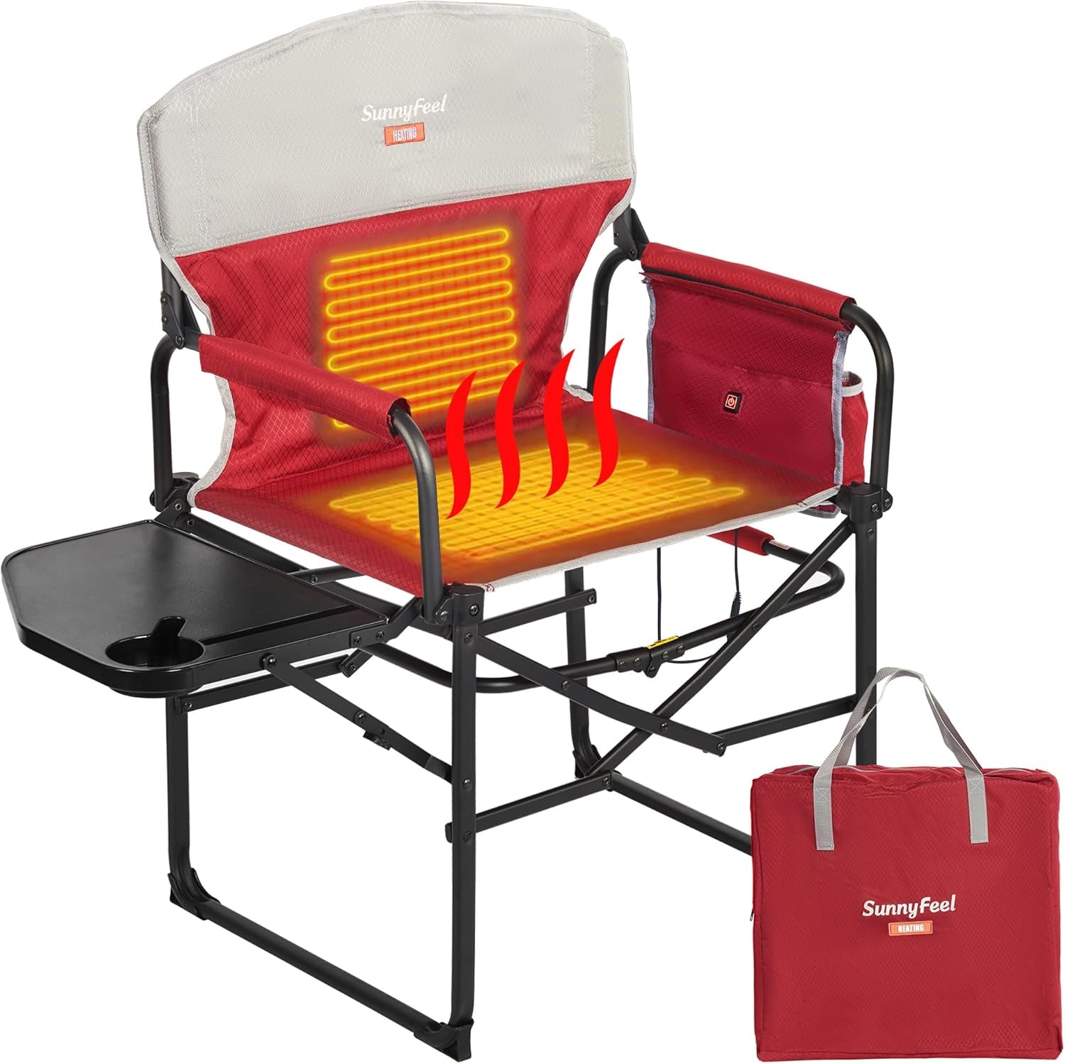 Heated Camping Directors Chair, Heavy Duty,Oversized Outdoor Portable Heating Folding Chair with Side Table, Pocket for Beach, Fishing,Trip,Picnic,Lawn,Concert Foldable Camp Chairs