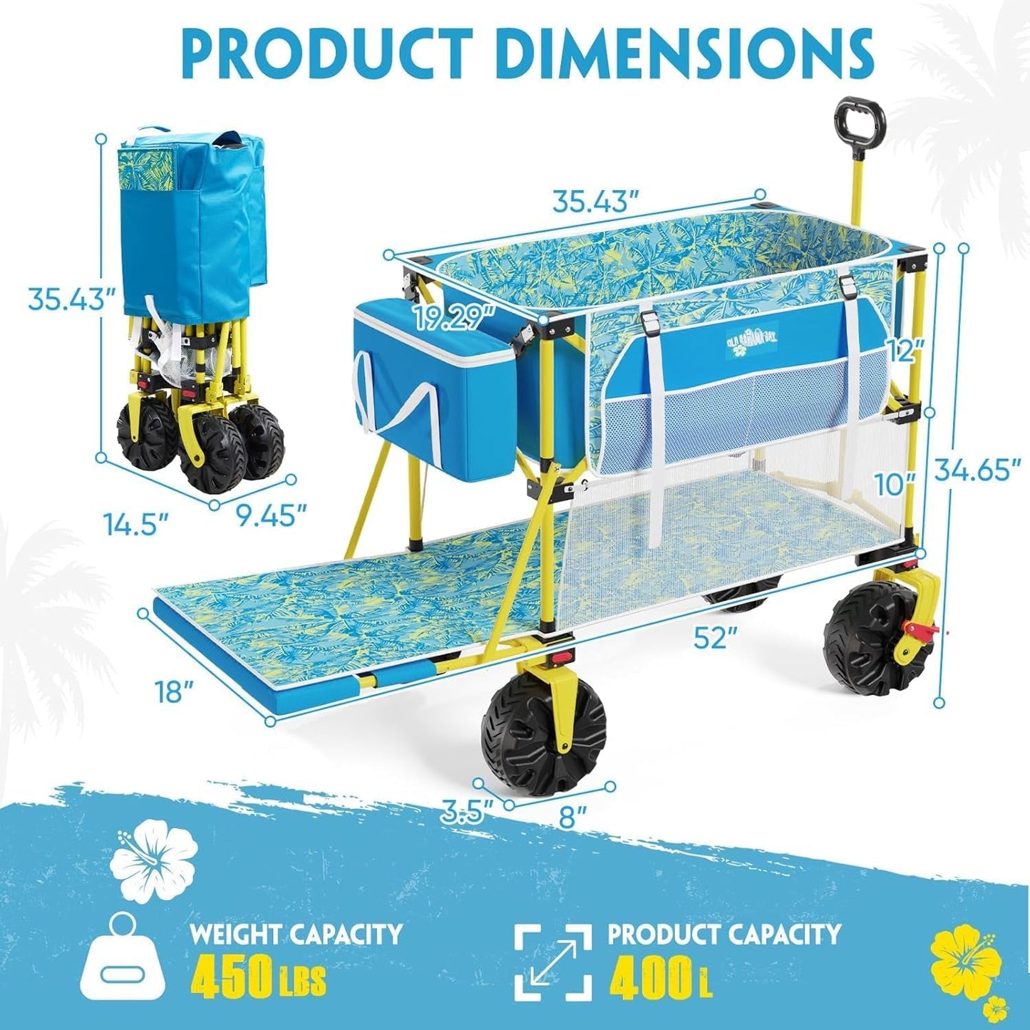 Double Decker Beach Wagon Cart, 400L Extra Large Capacity, 450Lbs Heavy Duty, 54" Extendable Tailgate, All-Terrain Wheels with Brakes, Cooler Bag, Cup Holders & Side Pockets for Beach Camping Shoping