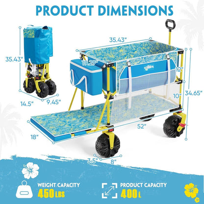 Double Decker Beach Wagon Cart, 400L Extra Large Capacity, 450Lbs Heavy Duty, 54" Extendable Tailgate, All-Terrain Wheels with Brakes, Cooler Bag, Cup Holders & Side Pockets for Beach Camping Shoping