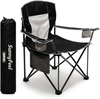 Camping Chairs for Adults, Oversized Camping Chair Heavy Duty 500LBS, Portable Lawn Chair with Cup Holder, Side Pocket&Bag for Outdoor Camping/Beach/Picnic/Fishing, Black