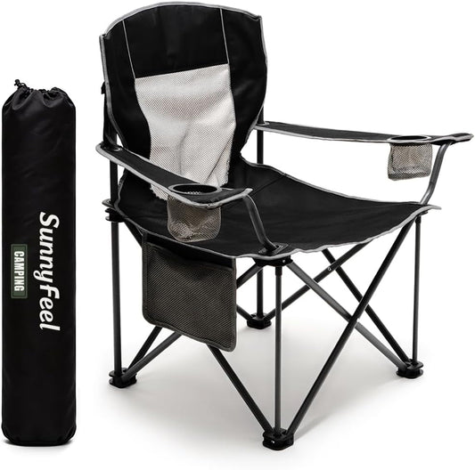 Camping Chairs for Adults, Oversized Camping Chair Heavy Duty 500LBS, Portable Lawn Chair with Cup Holder, Side Pocket&Bag for Outdoor Camping/Beach/Picnic/Fishing, Black