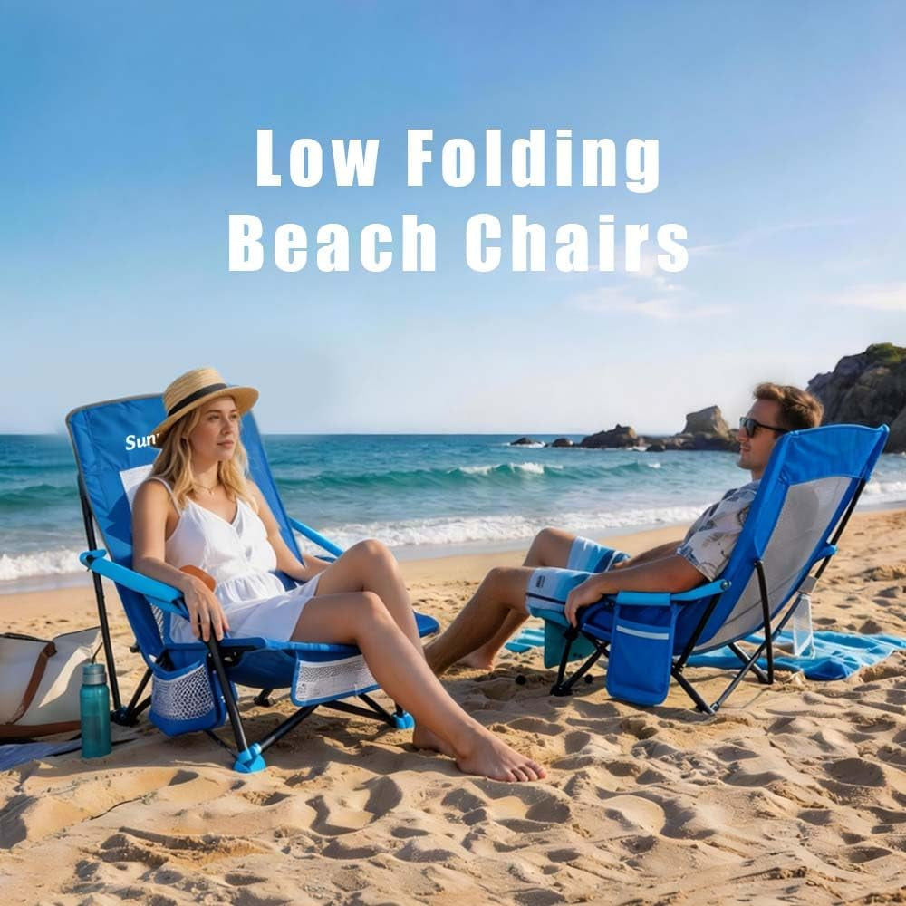 Low Folding Beach Chair for Adults, Portable Lightweight Sling Beach Camping Chairs with Cup Holder, Armrest,Foldable Camp Lawn Chair for Outdoor Sand Concert Travel Sport Events,300Lbs