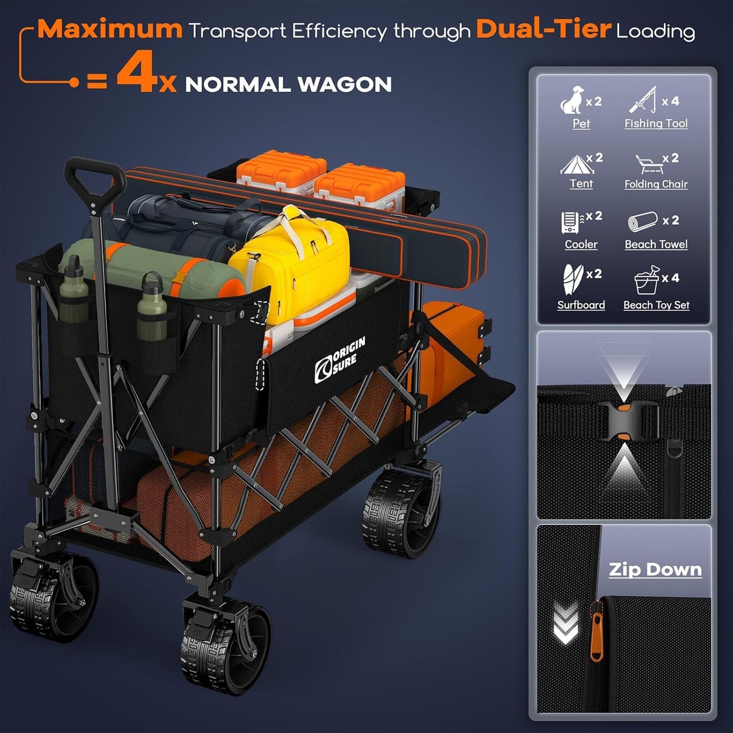 400L Double Decker Wagon Collapsible with 54" L Tailgate, 560Lbs Heavy Duty Carts Foldable, Extra Large Folding Beach Wagon with Big All-Terrain Wheels for Camping, Sports, Groceries, Black