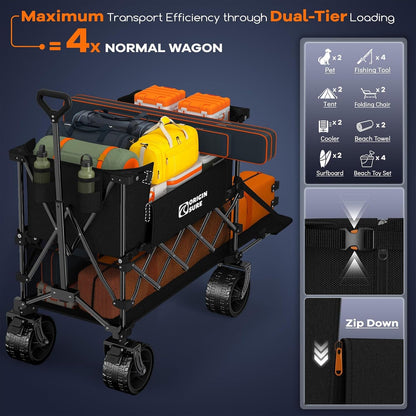 400L Double Decker Wagon Collapsible with 54" L Tailgate, 560Lbs Heavy Duty Carts Foldable, Extra Large Folding Beach Wagon with Big All-Terrain Wheels for Camping, Sports, Groceries, Black