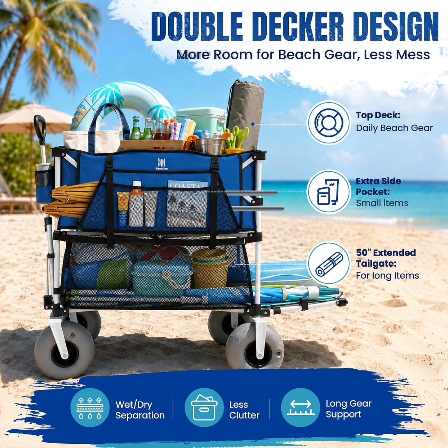 500Lbs Double Decker Wagon, 400L Large Capacity Heavy Duty Beach Cart with 9" Balloon Wheels for Sand, Folding Collapsible Wagon with Side Pocket for Beach, Sport, Camping, Blue