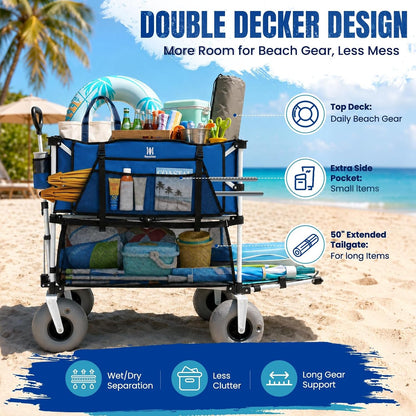 500Lbs Double Decker Wagon, 400L Large Capacity Heavy Duty Beach Cart with 9" Balloon Wheels for Sand, Folding Collapsible Wagon with Side Pocket for Beach, Sport, Camping, Blue