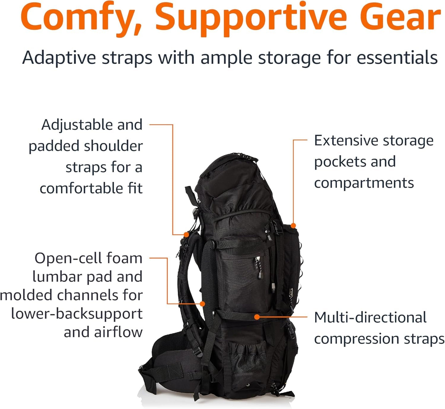 Internal Frame Hiking Backpack for Camping and Backpacking, Adjustable Straps, Rainfly Included