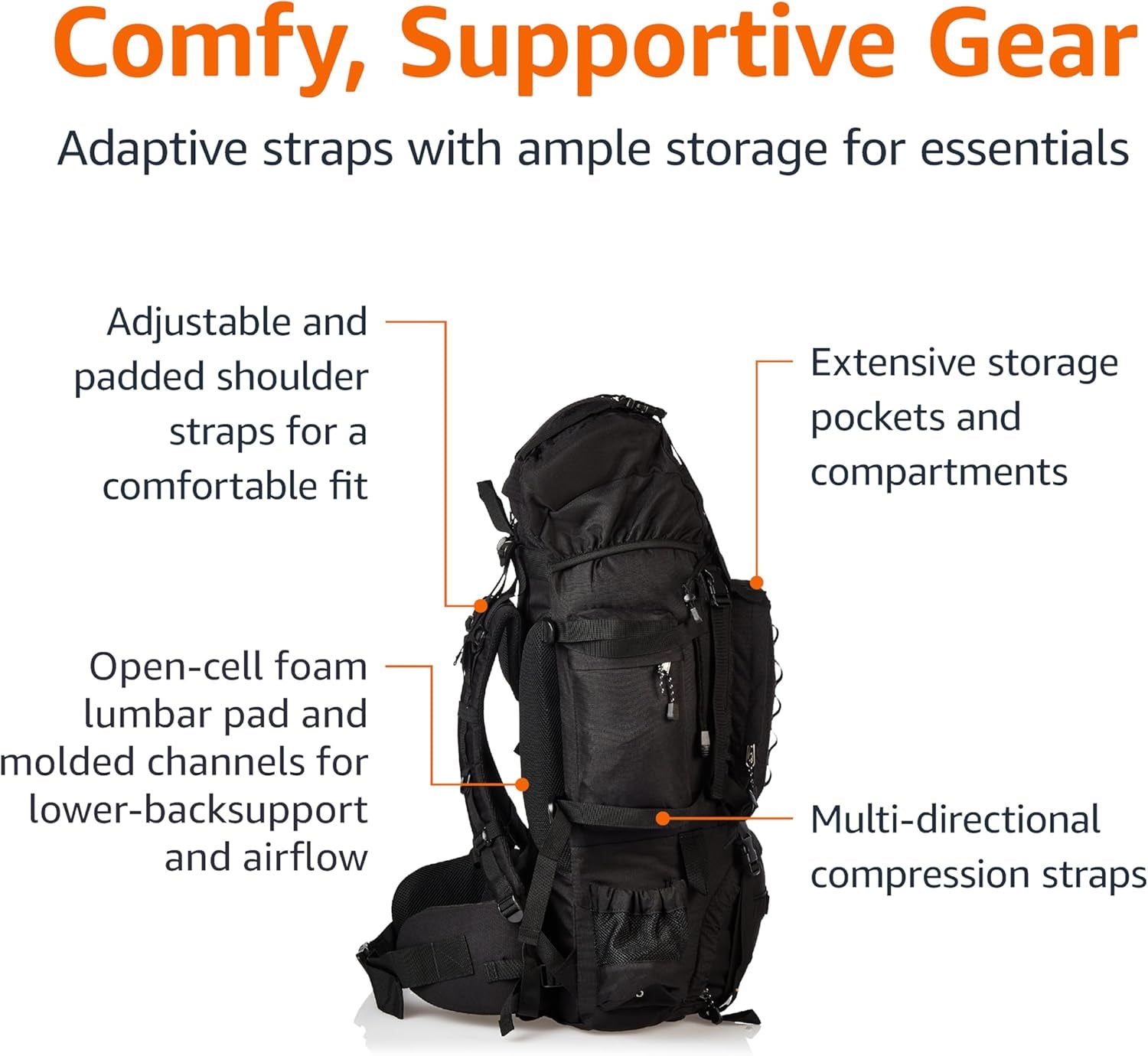 Internal Frame Hiking Backpack for Camping and Backpacking, Adjustable Straps, Rainfly Included