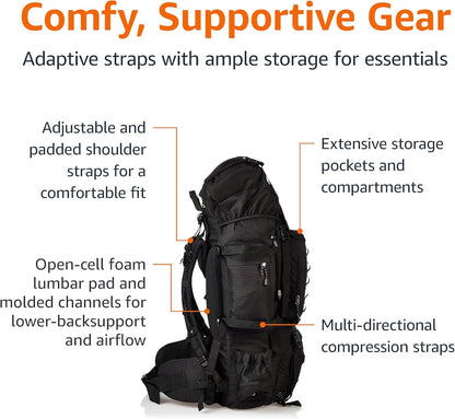 Internal Frame Hiking Backpack for Camping and Backpacking, Adjustable Straps, Rainfly Included