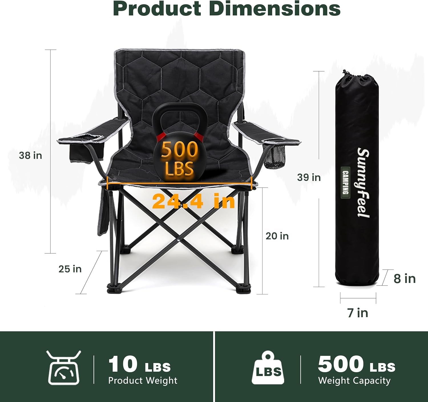 Oversized Camping Chair for Adults, Heavy Duty 500LBS Black | Padded Oversized Camping Chair with Cup Holder & Side Pocket. Portable Folding Lawn Chair for Outdoor Beach Picnic Fishing