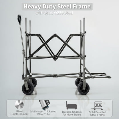 Double Decker Wagon with High Extender & Tailgate - 600L Large Capacity Heavy Duty Foldable Collapsible Wagon Cart with Big Wheels for Camping, Beach, Groceries, Sports（Grey）