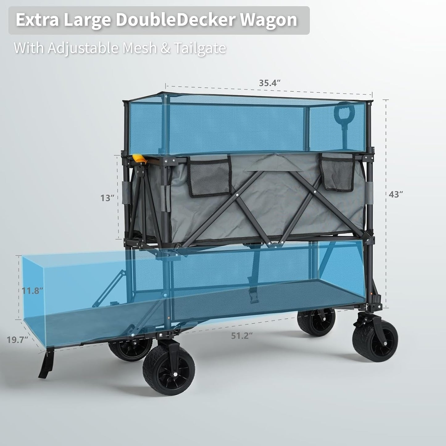 Double Decker Wagon with High Extender & Tailgate - 600L Large Capacity Heavy Duty Foldable Collapsible Wagon Cart with Big Wheels for Camping, Beach, Groceries, Sports（Grey）