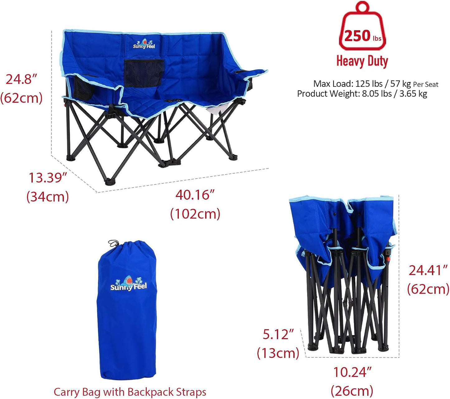 Kids Folding Double Camping Chair, Portable Kids Camping Chairs 2 Seat Chair, Blue Padded Foldable Lawn Chairs with Cup Holder for Beach/Outdoor/Travel/Picnic, Foldable Camp Chairs 2 Person