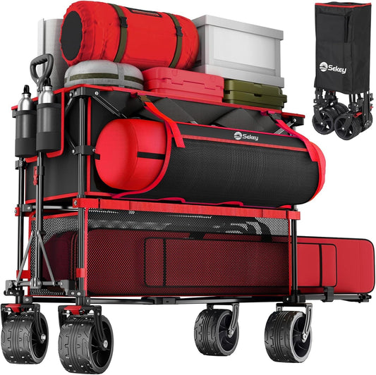 500LBS Heavy Duty Double Decker Wagon with Extender, 400L Large Capacity Collapsible Garden Cart Fits 10X10 Canopy, All-Terrain Big Wheels with Brakes, Foldable Utility Wagon for Sports, Camping