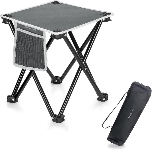 Triple Tree 1 Pack Folding Camping Stool, 13.8 Inch Small Portable Lightweight Stool with Side Pocket, Foot Stool with Carry Bag for Hiking, Fishing and Beach, Hold up to 400Lbs, Grey
