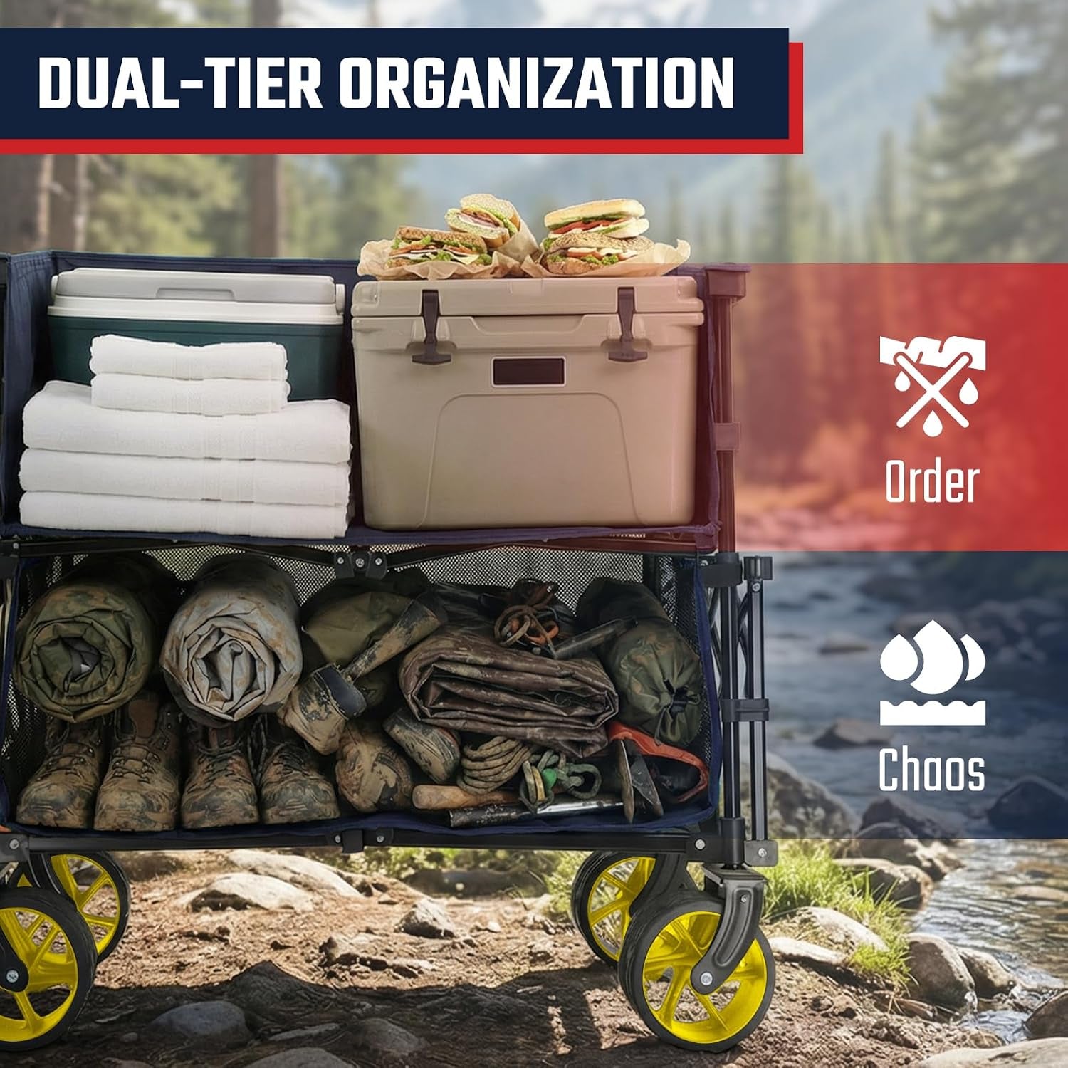 500LBS Heavy Duty Double Decker Wagon with Extender, 400L Large Capacity Collapsible Garden Cart Fits 10X10 Canopy, All-Terrain Big Wheels with Brakes, Foldable Utility Wagon for Sports, Camping