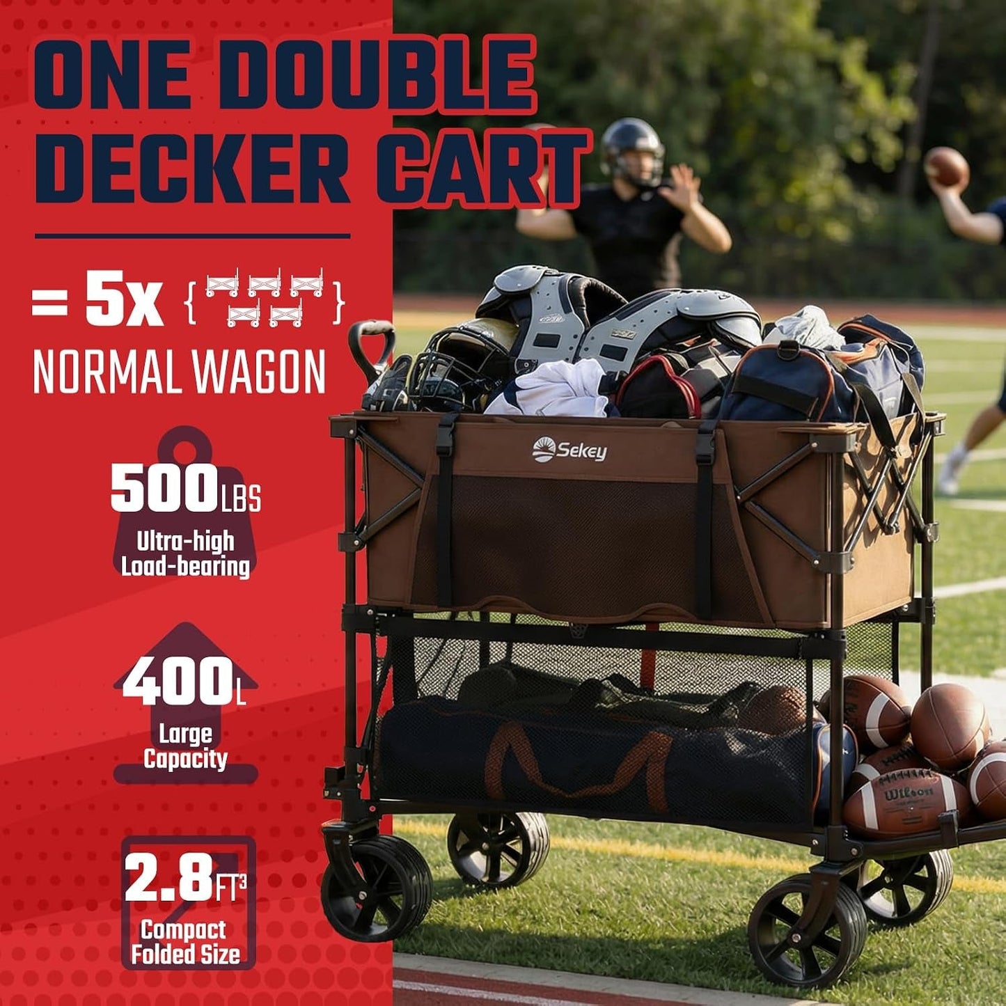 500LBS Heavy Duty Double Decker Wagon with Extender, 400L Large Capacity Collapsible Garden Cart Fits 10X10 Canopy, All-Terrain Big Wheels with Brakes, Foldable Utility Wagon for Sports, Camping