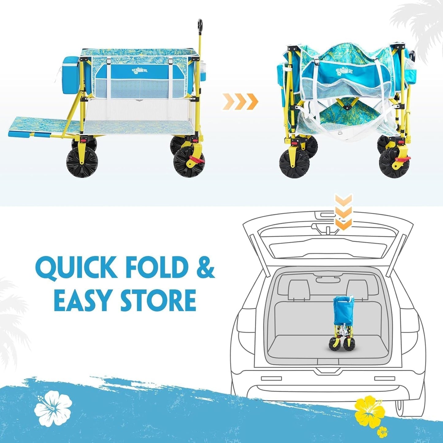 Double Decker Beach Wagon Cart, 400L Extra Large Capacity, 450Lbs Heavy Duty, 54" Extendable Tailgate, All-Terrain Wheels with Brakes, Cooler Bag, Cup Holders & Side Pockets for Beach Camping Shoping
