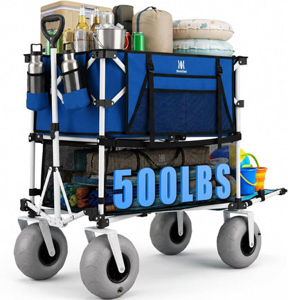 500Lbs Double Decker Wagon, 400L Large Capacity Heavy Duty Beach Cart with 9" Balloon Wheels for Sand, Folding Collapsible Wagon with Side Pocket for Beach, Sport, Camping, Blue