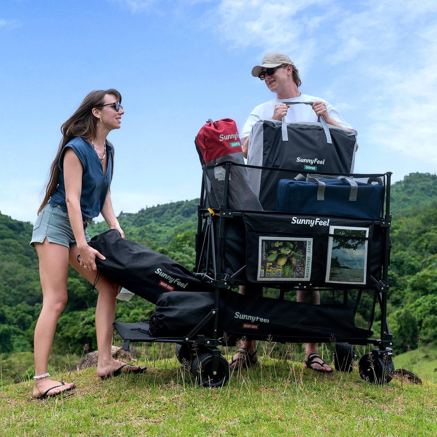 550L Double Decker Wagon with High Extender & Tailgate | 550LBS Heavy Duty Foldable Sports Wagon Cart, All-Terrain Big Wheels for Baseball/Softball, Camping, Garden, Beach, Black