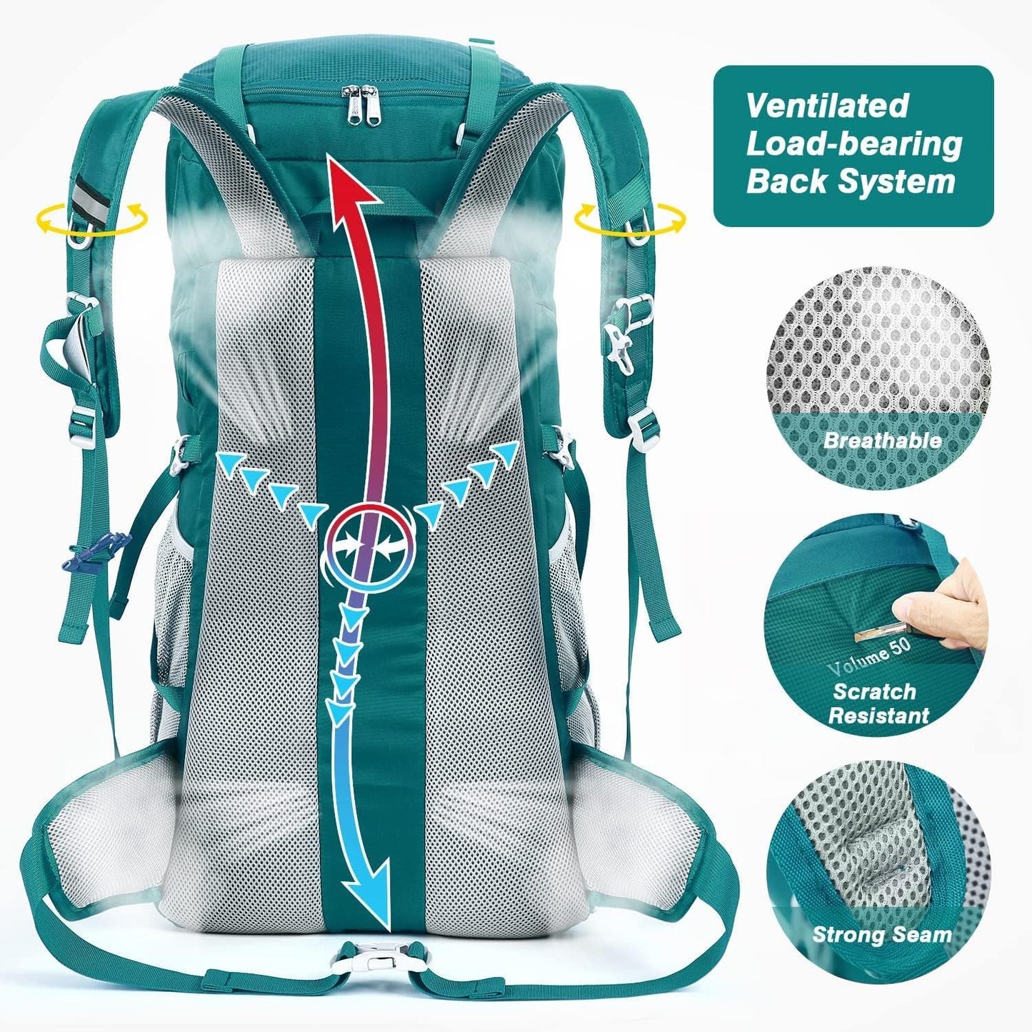 50L Hiking Backpack Travel Bag Waterproof Camping Rucksack with Rain Cover Lightweight Backpacking Backpack