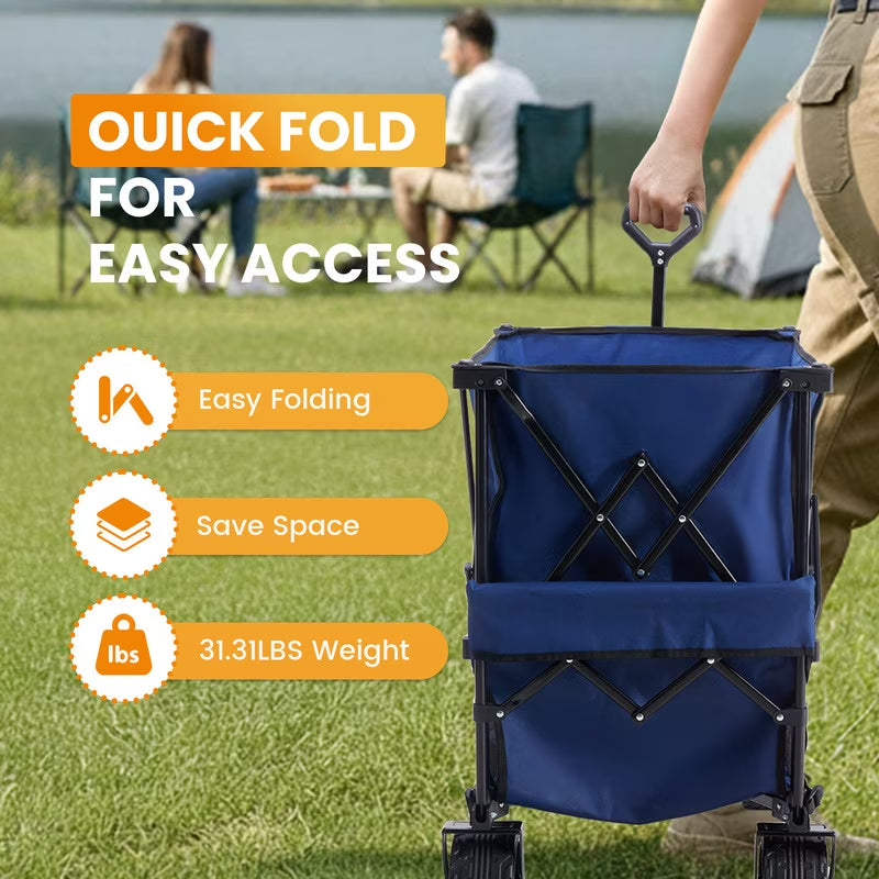 Folding Double Decker Wagon with Brakes, 54" Extra Long Extended Cart, Equipped with 7" All-Terrain Big Wheels for Camping