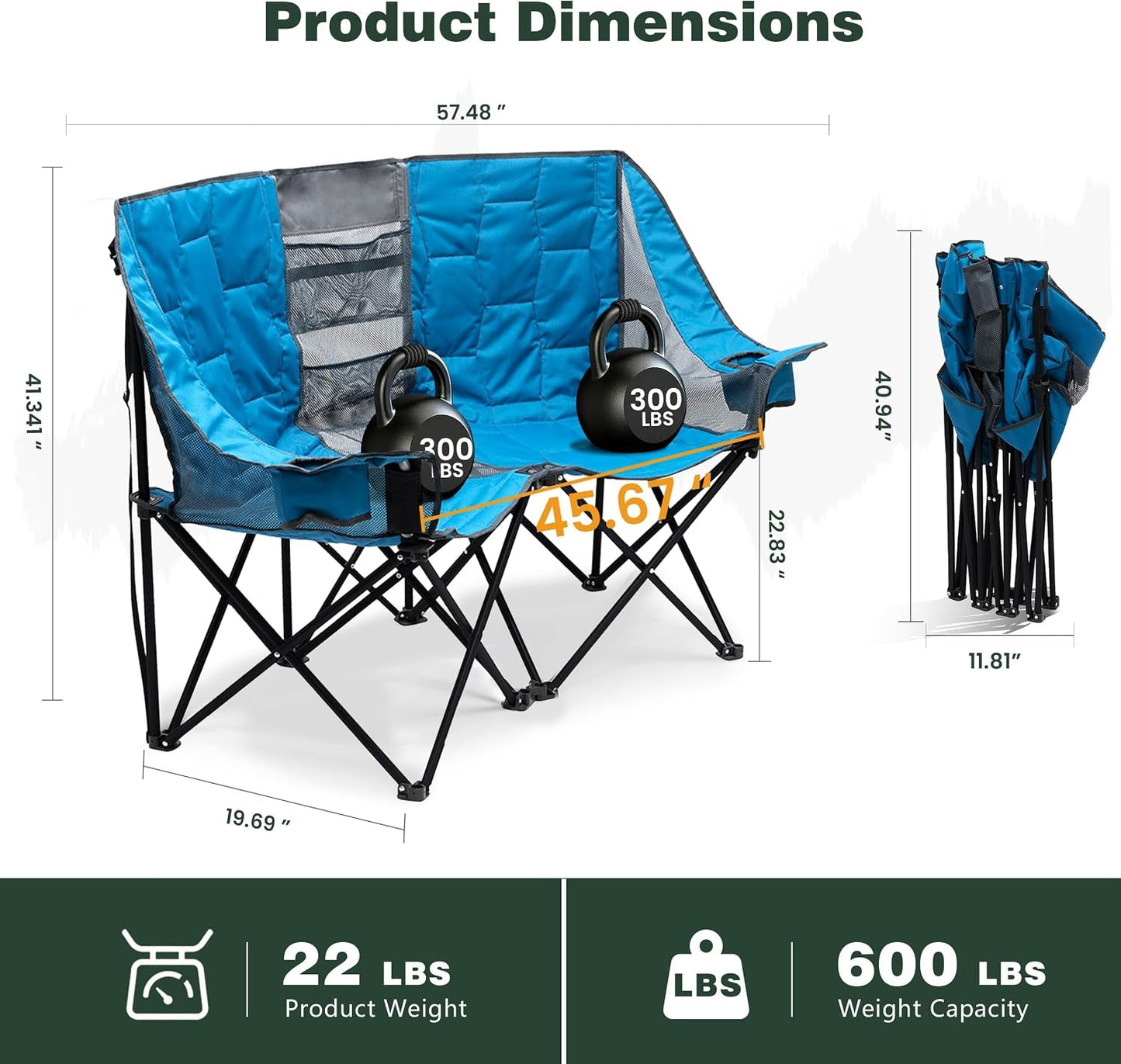 Folding Double Camping Chair, Oversized Loveseat Chair, Heavy Duty Portable/Foldable Lawn Chair with Storage for Outside/Outdoor/Travel/Picnic, Fold up Camp Chairs for Adults 2 People