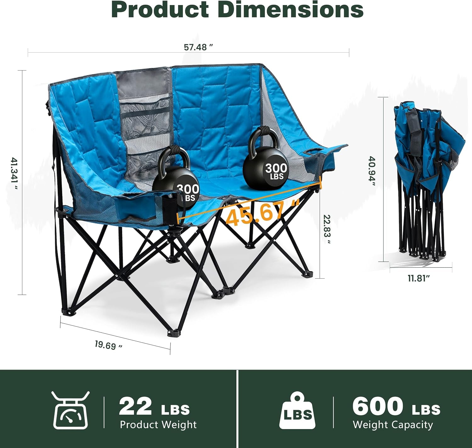 Folding Double Camping Chair, Oversized Loveseat Chair, Heavy Duty Portable/Foldable Lawn Chair with Storage for Outside/Outdoor/Travel/Picnic, Fold up Camp Chairs for Adults 2 People
