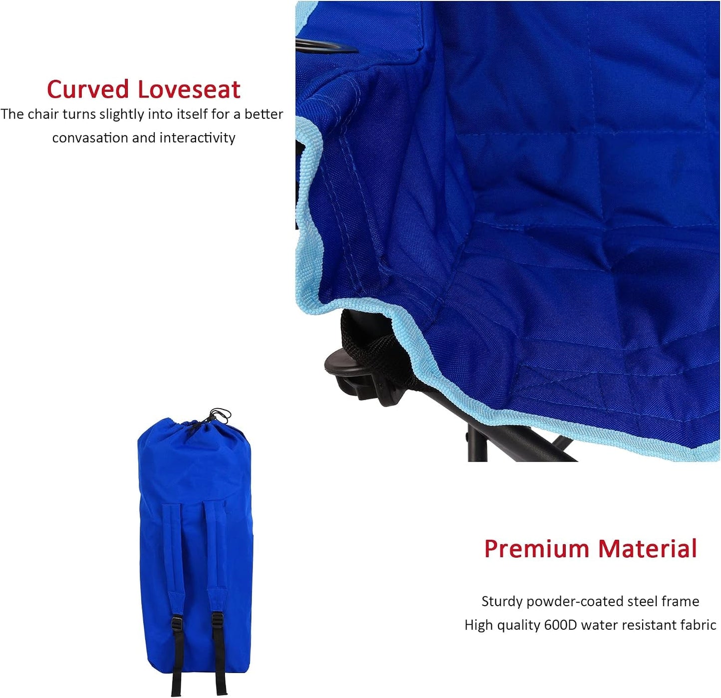 Kids Folding Double Camping Chair, Portable Kids Camping Chairs 2 Seat Chair, Blue Padded Foldable Lawn Chairs with Cup Holder for Beach/Outdoor/Travel/Picnic, Foldable Camp Chairs 2 Person