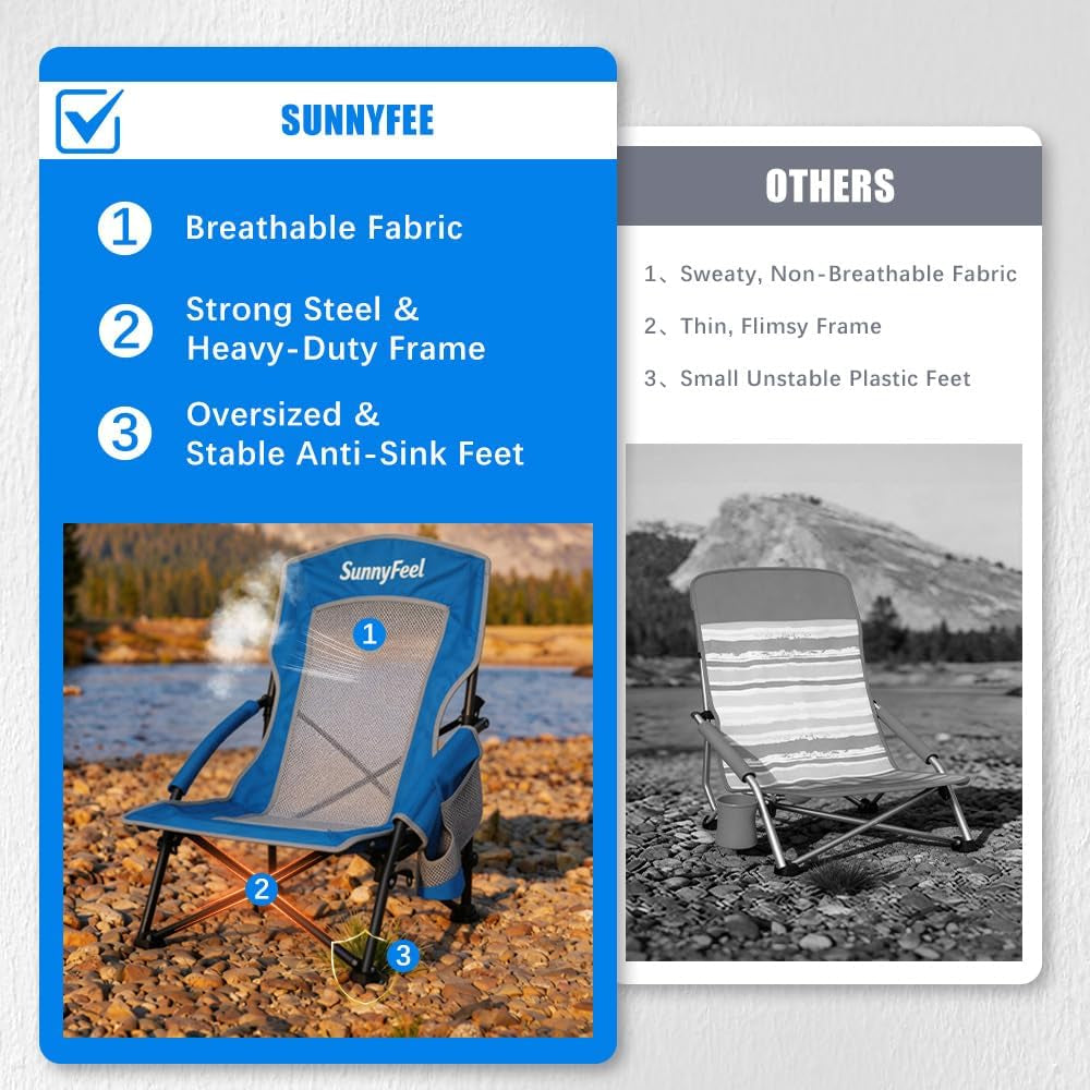 Low Folding Beach Chair for Adults, Portable Lightweight Sling Beach Camping Chairs with Cup Holder, Armrest,Foldable Camp Lawn Chair for Outdoor Sand Concert Travel Sport Events,300Lbs