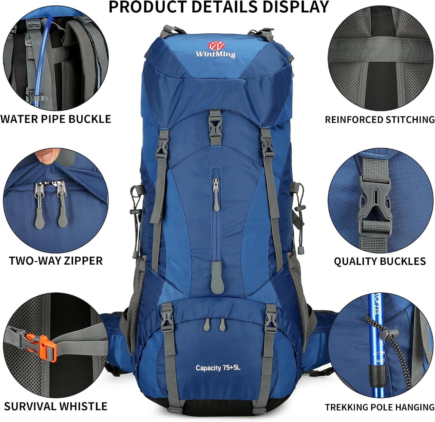75L Hiking Backpack with Rain Cover Waterproof Camping Backpack Shoes Warehouse for Men Women, Frameless