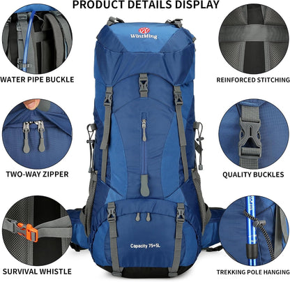 75L Hiking Backpack with Rain Cover Waterproof Camping Backpack Shoes Warehouse for Men Women, Frameless