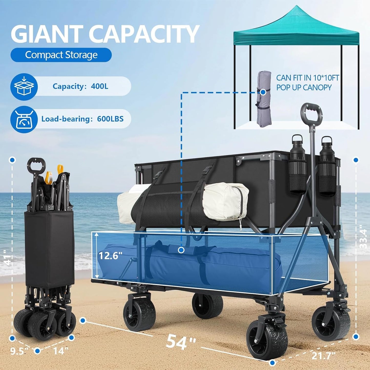 Double Decker Wagon 400L Large Capacity & 600LBS Foldable Utility Cart, 54" Extra Long Collapsible Heavy Duty Wagon with All-Terrain Big Wheels for Beach, Camping, Sports & Gardening