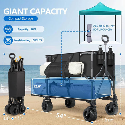 Double Decker Wagon 400L Large Capacity & 600LBS Foldable Utility Cart, 54" Extra Long Collapsible Heavy Duty Wagon with All-Terrain Big Wheels for Beach, Camping, Sports & Gardening