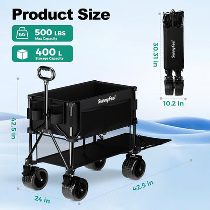 400L Large Capacity Double Decker Wagon with Tailgate | 500LBS Heavy Duty Sports Wagon, 54" Extra Long Extender Collapsible Wagon Cart, All Terrain Wheels for Garden, Beach, Black
