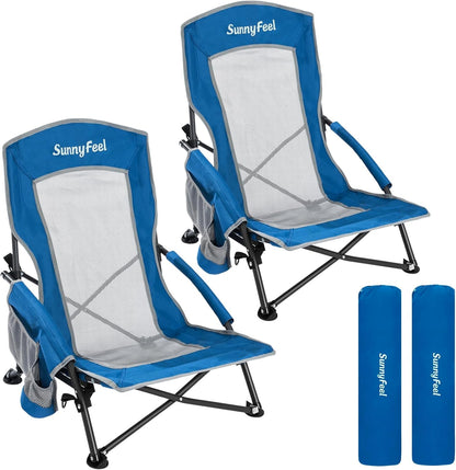 Low Folding Beach Chair for Adults, Portable Lightweight Sling Beach Camping Chairs with Cup Holder, Armrest,Foldable Camp Lawn Chair for Outdoor Sand Concert Travel Sport Events,300Lbs