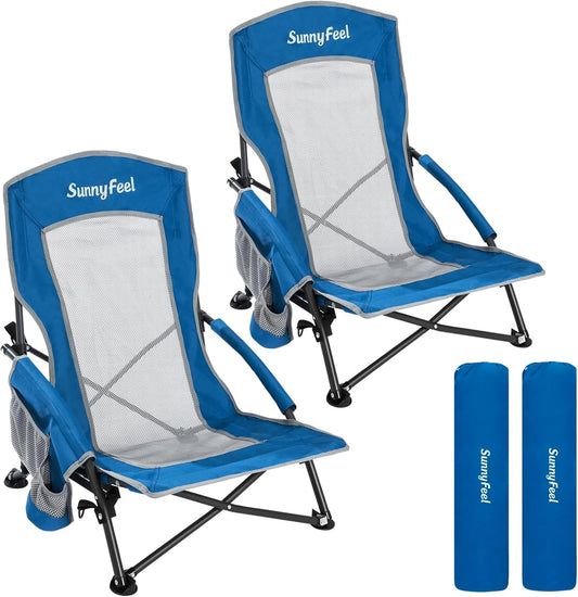 Low Folding Beach Chair for Adults, Portable Lightweight Sling Beach Camping Chairs with Cup Holder, Armrest,Foldable Camp Lawn Chair for Outdoor Sand Concert Travel Sport Events,300Lbs