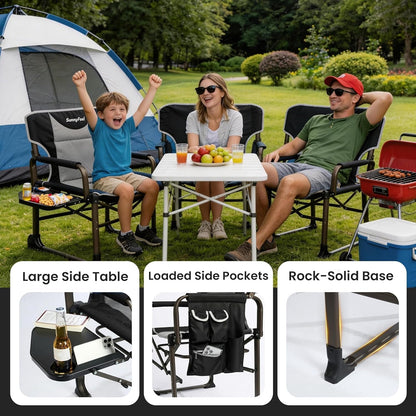 Oversized Camping Directors Chair 2 Pack Portable Foldable Camp Chair for Adults Support 600Lbs with Side Pocket and Side Table for Beach, Fishing, Trip, Picnic, Lawn, Outdoor Black