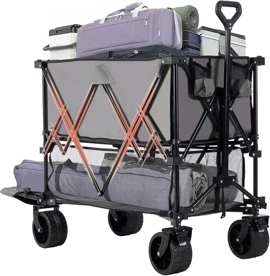 Large Capacity Folding Double Decker Wagon with Brakes, 440Lbs Wagons Carts Foldable Wagon Cart with Flexible Handle, All-Terrain Big Wheels for Grocery Sports Garden Camping