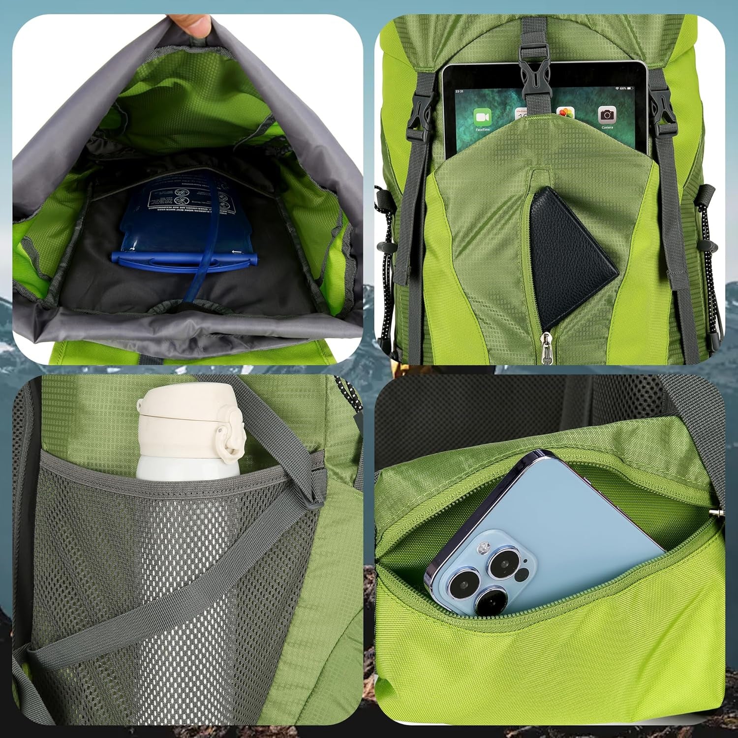 75L Hiking Backpack with Rain Cover Waterproof Camping Backpack Shoes Warehouse for Men Women, Frameless