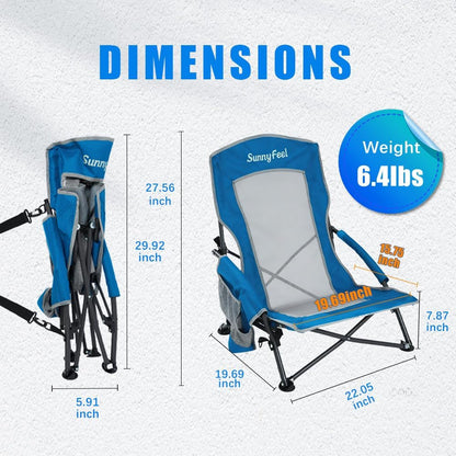 Low Folding Beach Chair for Adults, Portable Lightweight Sling Beach Camping Chairs with Cup Holder, Armrest,Foldable Camp Lawn Chair for Outdoor Sand Concert Travel Sport Events,300Lbs