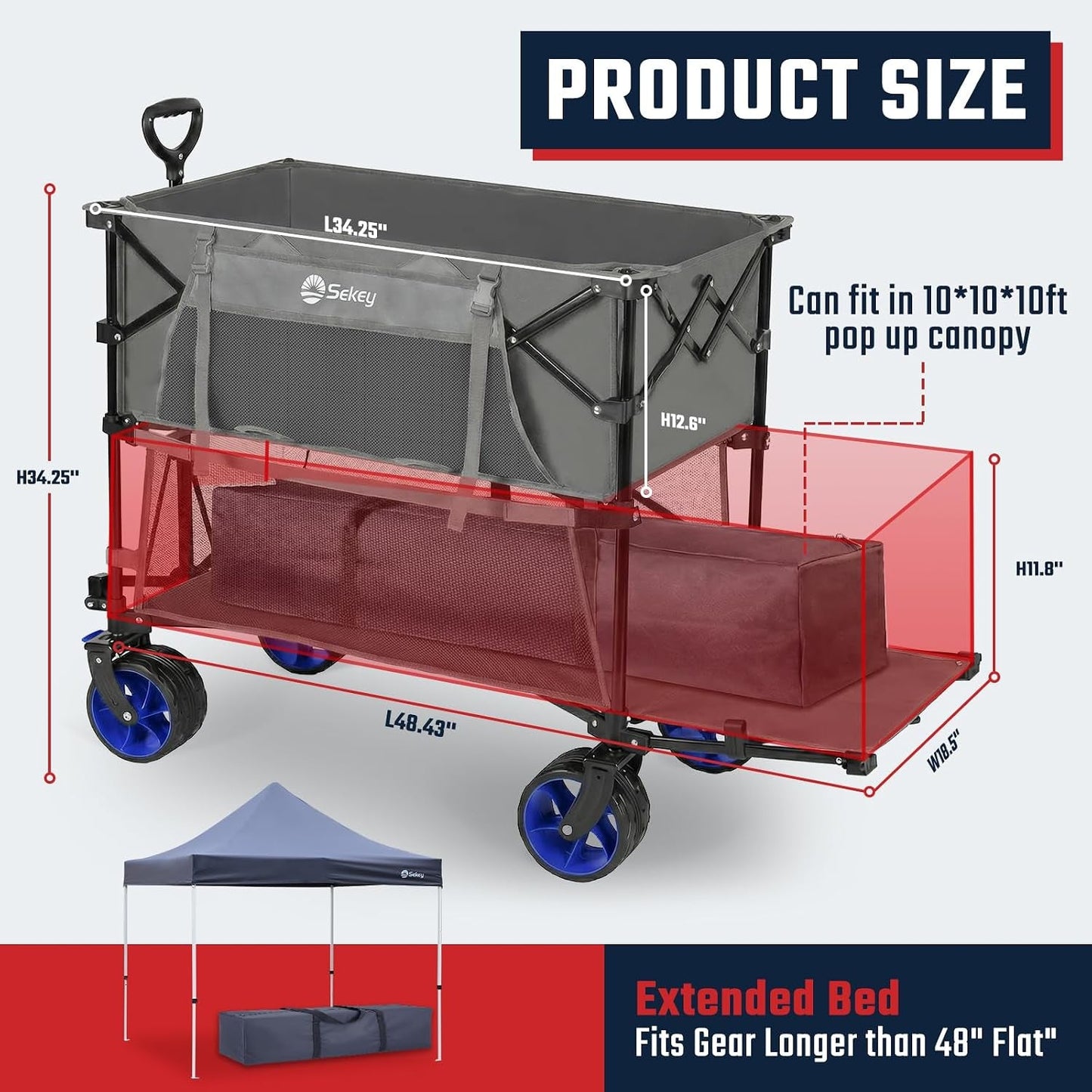 500LBS Heavy Duty Double Decker Wagon with Extender, 400L Large Capacity Collapsible Garden Cart Fits 10X10 Canopy, All-Terrain Big Wheels with Brakes, Foldable Utility Wagon for Sports, Camping
