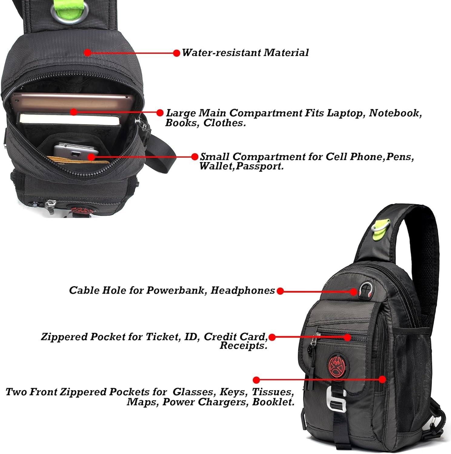 Sling Bag Chest Shoulder Backpack Crossbody Bags for Tablet Laptop Outdoor Hiking Men Women